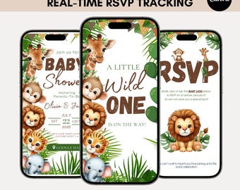 May include: Three smartphone screens displaying a baby shower invitation with a jungle theme. The design includes illustrations of a giraffe, lion, monkey, and elephant, with text that reads "Baby Shower" and "A Little Wild One."