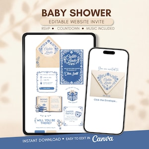Könnte beinhalten: Digitale Babyparty-Einladung auf einem Tablet und Smartphone. Die Einladung hat ein blaues und weißes Blumendesign mit dem Text "Baby Shower" und "Cielito Lindo". Enthält RSVP, Countdown und Musikoptionen.
