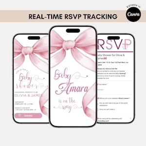 May include: Three smartphones displaying a baby shower invitation. The design features a pink bow and the text "Baby Amara is on the way." The invitation includes RSVP details and event information.