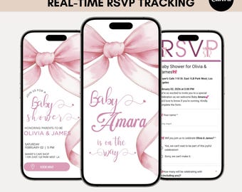 Editable Pink Bow Baby Shower Invitation, Coquette Party Theme for Girl, Digital Baby Shower Website Invite, Online Trackable RSVP MBRSVP06