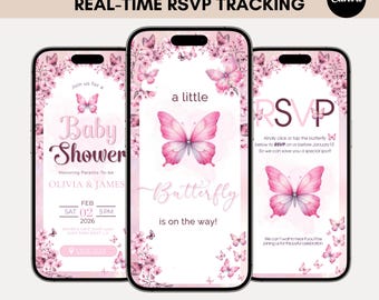 Invito per baby shower con farfalla modificabile, tema farfalla rosa per bambina, una piccola farfalla è in arrivo, invito a farfalla con RSVP RS15