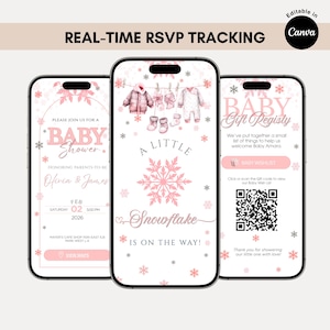 May include: Three smartphone screens displaying baby shower invitations and registry information. The designs feature pink snowflakes, baby clothes illustrations, and the text "Baby Shower," "Baby Gift Registry," and "A Little Snowflake is on the Way!"
