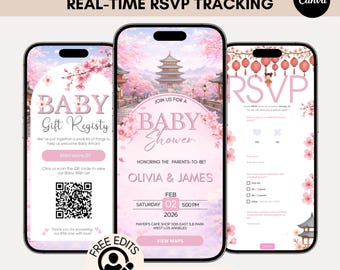 Editable Cherry Blossom Baby Shower Invitation Pink Floral Sakura Theme for Girl Spring Japanese Pink Invite with Music and online RSVP RS33