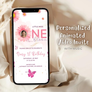 Editable Daisy Birthday Animated Mobile Invitation with Photo Pink Daisy 1st Birthday Invite  Daisy Birthday Theme Invitation for Girl  MB01