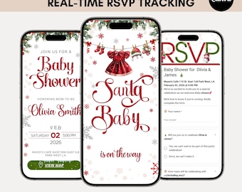 May include: Three smartphones displaying a baby shower invitation with the text "Santa Baby is on the way." The invitation includes details for Olivia Smith's baby shower, with RSVP options and a map.