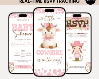 Bearbeitbares Cowgirl-Babyparty-Einladungs-rosa Western-Thema für Mädchen Ein kleines Cowgirl ist auf dem Weg-rosa rustikalen Rodeo-Einladen mit allergischem Antwort-RS19