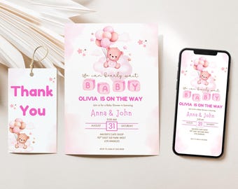 Convite editável para chá de bebê com ursinho rosa, convite "Mal podemos esperar" para chá de bebê de menina BS02