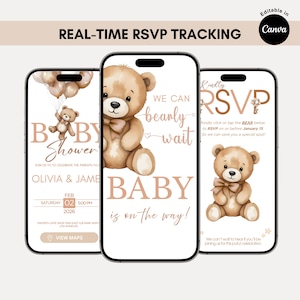 May include: Three smartphone screens showing a baby shower invitation. The design includes a teddy bear, balloons, and text saying "Baby Shower" and "Baby is on the way!" The invitation includes RSVP details and event information.