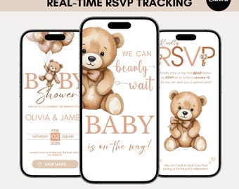 Editable Baby Shower Invitation Template Teddy Bear We Can Bearly Wait Theme, Gender Neutral Digital Invite with Online RSVP Tracker RS23