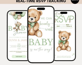 Editable Baby Shower Invitation Template Teddy Bear We Can Bearly Wait Theme for Girl Boy, Gender Neutral Template Online RSVP Tracker RS24