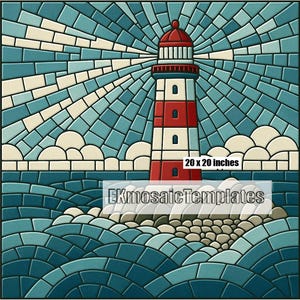 Könnte beinhalten: Ein Mosaikkunstwerk mit einem Leuchtturm mit rot-weißen Streifen, vor blauem Himmel und Meer. Das Kunstwerk ist 50,8 x 50,8 cm groß und enthält den Text "EKmosaicTemplates".