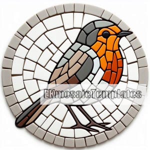 May include: A round mosaic coaster featuring a robin bird design. The bird has orange, gray, and brown details, set against a white and gray background. The coaster has the text "EKmosaicTemplates".