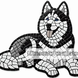May include: A mosaic of a Siberian Husky dog in black, white, and gray tiles. The dog is lying down with its tongue out, and has blue eyes. The image has the text "EKmosaicTemplates" in the center.