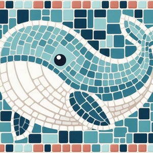 Puede incluir: Ilustración de mosaico de una ballena en tonos azules y blancos. La ballena está compuesta por pequeñas baldosas cuadradas, sobre un fondo de baldosas azules, turquesas y coral. La ballena tiene un ojo grande y un cuerpo curvado.