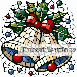 May include: A stained glass design featuring two bells, a red bow, and holly leaves. The bells are beige, with blue and red accents. The design includes red, blue, and green ornaments, and the text "EKmosaicTemplates".