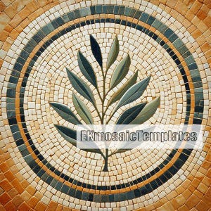 May include: A mosaic tile design featuring a central olive branch motif. The mosaic uses small, square tiles in shades of beige, brown, and green, arranged in concentric circles. The design includes the text "EKmosaicTemplates".