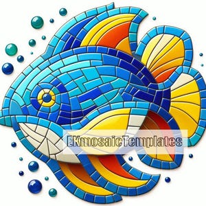 May include: A mosaic fish design in shades of blue, yellow, and orange, with a white underbelly. The fish is surrounded by blue and green bubbles. The text "EKmosaicTemplates" is visible on the fish.