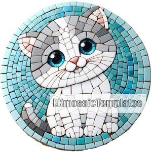 May include: A mosaic artwork of a cat with large blue eyes, created with small, square tiles. The cat is primarily white, gray, and blue, set against a circular background of varying shades of blue. The text "EKmosaicTemplates" is visible.
