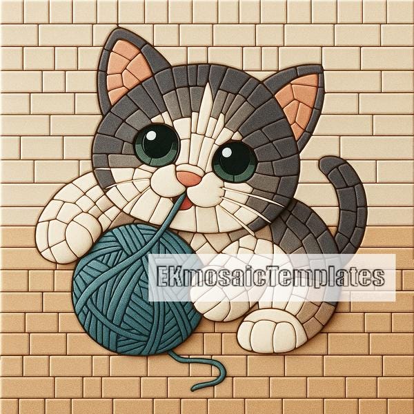 Kitten Mosaic Templates: 7 Printable Square Patterns (20-inch) PDF