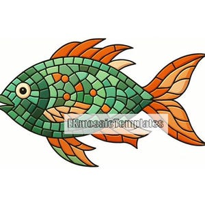 Puede incluir: Ilustración de un pez estilo mosaico con cuerpo verde, aletas naranjas y ojo beige. El pez está compuesto por formas geométricas, creando un efecto de vidriera. El texto "EKmosaicTemplates" es visible.