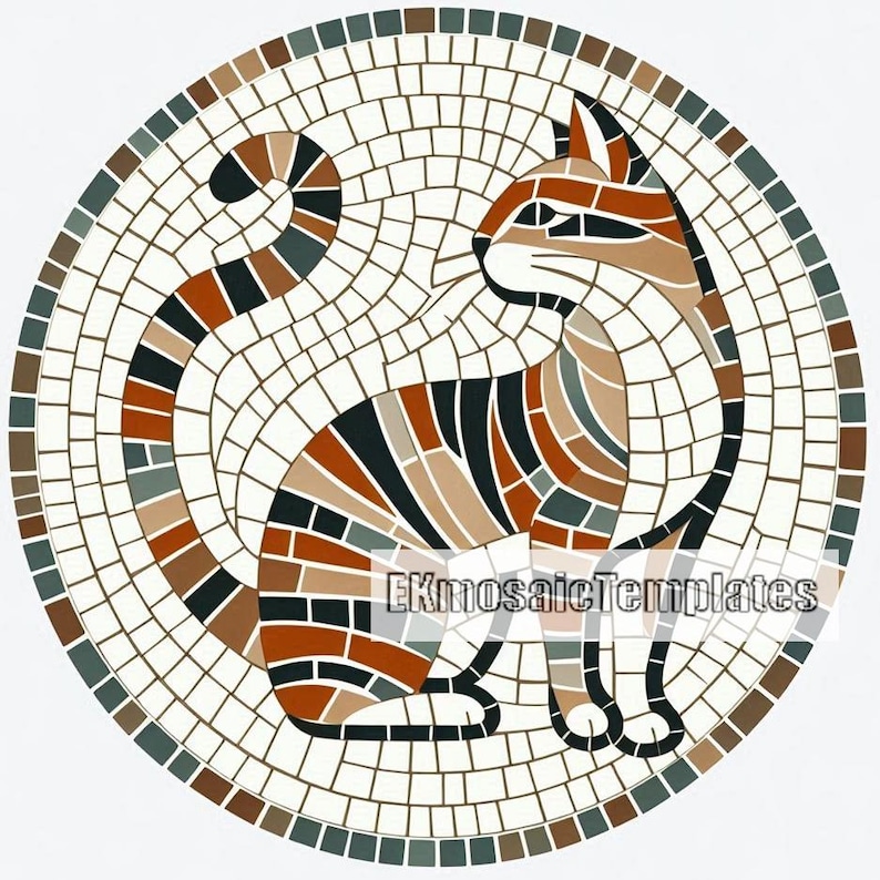Puede incluir: Un dise&ntilde;o de gato en mosaico en un patr&oacute;n circular. El gato est&aacute; representado en tonos de marr&oacute;n, negro y beige, con un fondo blanco. El mosaico est&aacute; hecho de peque&ntilde;as baldosas cuadradas, creando un efecto texturizado. El gato est&aacute; sentado y mirando hacia la derecha.