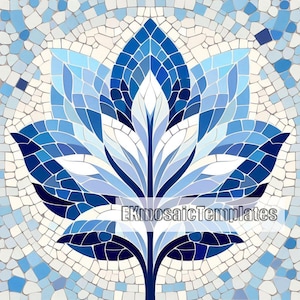 May include: A mosaic design of a blue flower with a central stem. The flower is made of different shades of blue tiles, giving a textured look. The background is a mosaic of white and light blue tiles. The text "EKmosaicTemplates" is visible.