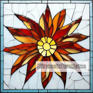 Puede incluir: Un panel de vidrieras con un diseño floral estilizado. La flor tiene un centro amarillo y pétalos en tonos de rojo, naranja y amarillo. El fondo es blanco con un borde azul. El texto "EKmosaicTemplates" es visible.