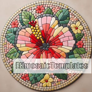 Puede incluir: Un diseño de mosaico circular con una gran flor de hibisco en tonos rojos, rosas y amarillos. Hojas verdes y flores más pequeñas rodean la flor principal. El texto "EKmosaicTemplates" se muestra en la imagen.
