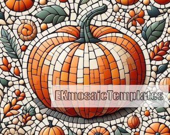 May include: A mosaic design featuring a large orange pumpkin with a green stem, surrounded by smaller pumpkins, leaves, and floral elements. The mosaic is composed of various shapes and colors, creating a textured, artistic effect. The text "EKmosaicTemplates" is visible.