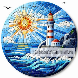 May include: Circular mosaic artwork showing a lighthouse scene. The design includes a lighthouse with red and white stripes, a sun, and ocean waves. The artwork uses blue, orange, and white tiles, with two birds in the sky. The overall theme is nautical.