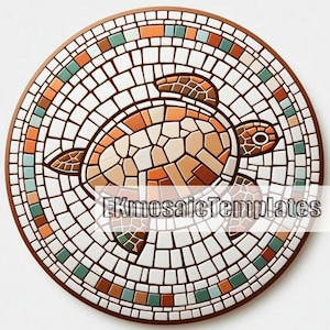 May include: A round mosaic tile featuring a turtle design. The turtle is composed of various shades of brown, tan, and orange tiles. The border is brown, and the background is white with accents of orange, teal, and brown. The text "EKmosaicTemplates" is visible.