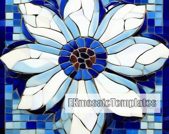 Single Floral Mosaic Template: 30 inches Blue-and-White Flower Pattern (PDF Download)