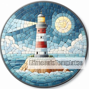 Könnte beinhalten: Runde Mosaikkunst mit einem Leuchtturm mit rot-weißen Streifen, einem hellgelben Licht und einem Vollmond. Der Leuchtturm steht auf einer felsigen Insel, umgeben von blauem Wasser und Himmel. Der Text "EKmosaicTemplates" ist sichtbar.
