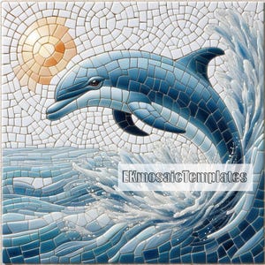 May include: A mosaic tile design featuring a blue dolphin leaping from the ocean. The dolphin is surrounded by a wave of water and a sun in the background. The mosaic is made of small, irregular tiles in shades of blue, white, and orange.