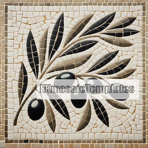 Puede incluir: Un diseño de mosaico con una rama de olivo con aceitunas negras y hojas. Las hojas son en tonos de negro, gris y beige. El fondo es un mosaico de pequeñas baldosas cuadradas en beige y marrón. El texto "EKmosaicTemplates" está en la imagen.