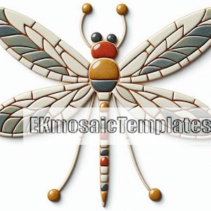 May include: A mosaic dragonfly design with cream, gray, and orange tiles. The dragonfly has large, segmented wings and a detailed body. The image includes the text "EKmosaicTemplates" across the center of the dragonfly.