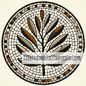 May include: Circular mosaic design featuring a stylized tree with leaves in shades of brown, gray, and black. The mosaic is set against a white background and framed by a border of small, square tiles. The text "EKmosaicTemplates" is visible.