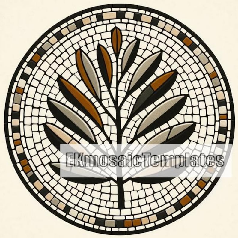 May include: Circular mosaic design featuring a stylized tree with leaves in shades of brown, gray, and black. The mosaic is set against a white background and framed by a border of small, square tiles. The text "EKmosaicTemplates" is visible.