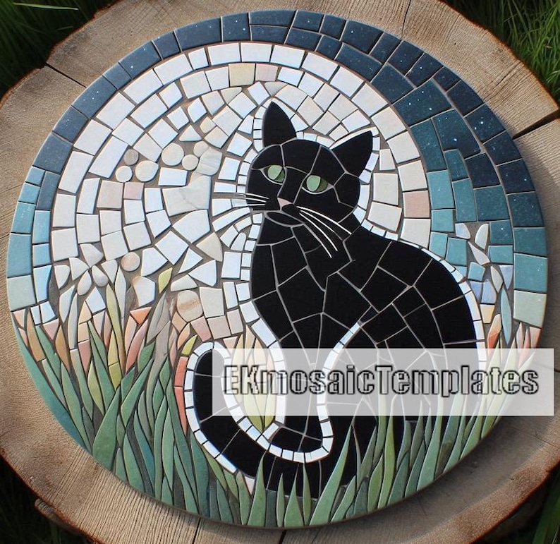Puede incluir: Mosaico redondo que representa un gato negro con ojos verdes, sobre un fondo de luna y hierba estilizadas. El mosaico est&aacute; hecho de peque&ntilde;as baldosas de colores y est&aacute; colocado sobre una superficie de madera. El texto "EKmosaicTemplates" es visible.