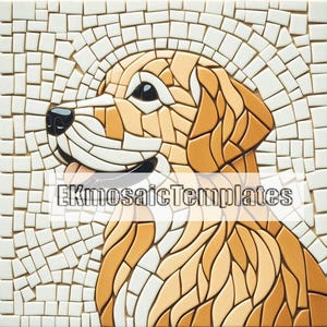 May include: Mosaic art piece featuring a Golden Retriever dog in profile. The dog's fur is rendered in shades of tan and cream, with a black nose and eye. The background is composed of small, square, off-white tiles. The text "EKmosaicTemplates" is overlaid.