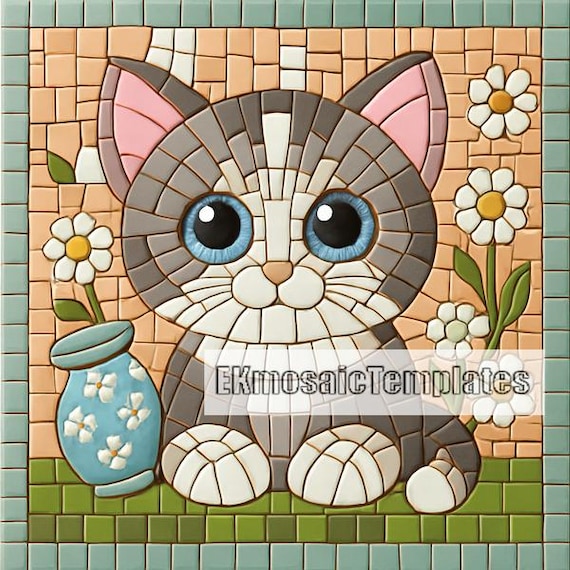 Kitten Mosaic Templates: 7 Printable Square Patterns (20-inch) PDF