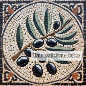 May include: A mosaic tile design featuring a branch of olives. The olives are black, and the leaves are green. The background is a mosaic of small, square tiles in shades of beige, brown, and black. The text "EKmosaicTemplates" is visible.