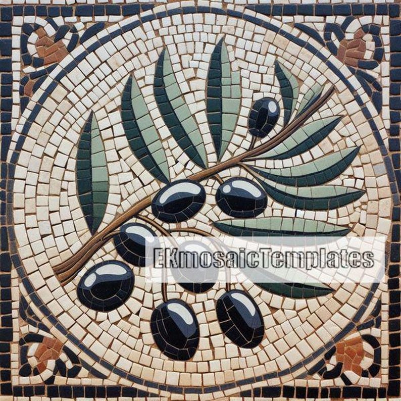 May include: A mosaic tile design featuring a branch of olives. The olives are black, and the leaves are green. The background is a mosaic of small, square tiles in shades of beige, brown, and black. The text "EKmosaicTemplates" is visible.