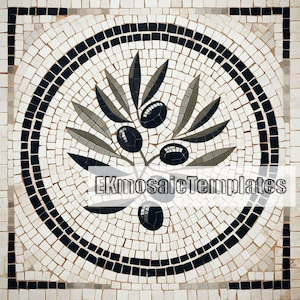 May include: A mosaic tile design depicting an olive branch with olives and leaves in black, grey, and white. The olive branch is centrally positioned within a circular border, set against a background of small, square tiles.