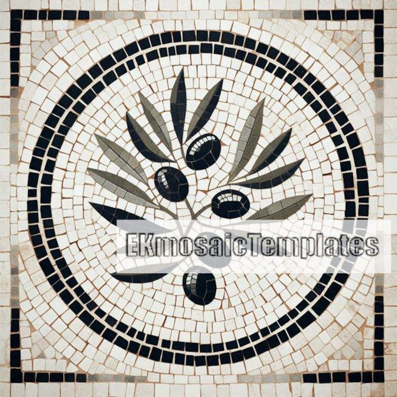 May include: A mosaic tile design featuring an olive branch with olives and leaves in shades of black, gray, and white. The olive branch is centered within a circular border, and the design is set against a background of small, square tiles.