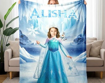Gepersonaliseerde Elsa Princess-fotodeken met naam, op maat gemaakt Frozen-geïnspireerd pluche plaid