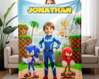 Couverture photo sonique personnalisée, jeté en peluche avec nom personnalisé, cadeau d'anniversaire pour enfant, couverture en velours doux