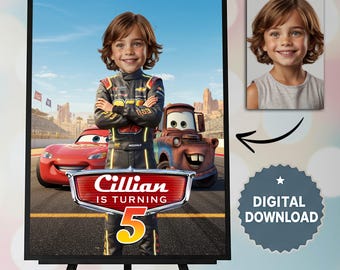 Poster di benvenuto personalizzato per auto da corsa, poster di compleanno con foto, download digitale