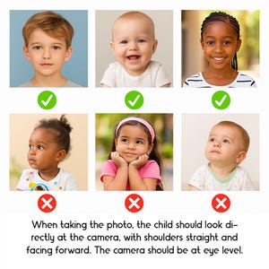 Peut inclure: Image p&eacute;dagogique montrant des exemples de photos d'enfants correctes et incorrectes. Des portraits d'enfants sont pr&eacute;sent&eacute;s avec des coches vertes pour les poses approuv&eacute;es et des croix rouges pour les poses non approuv&eacute;es. Le texte donne des conseils.
