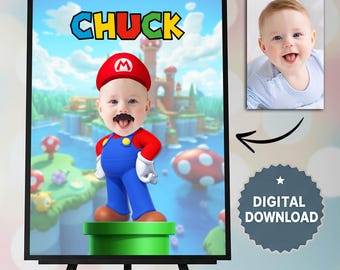 Personalized Super Mario Photo Poster, Custom Name, Kids Birthday Printable Wall Art Gift